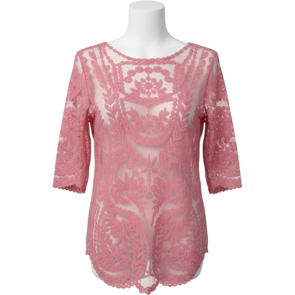 Unbranded Lace Mesh Top Womens M Pink Excellent Floral Sheer Boho Scoop Neck